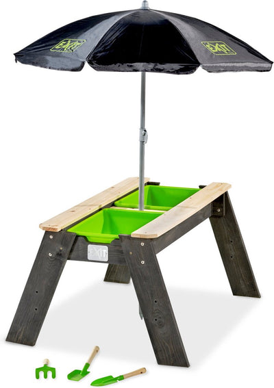 Exit Toys Exit Axent Sand-Wassertisch – mit Sonnenschirm Gartengeräte – Wassertisch Kinder – Sandkasten – Holz – draußen