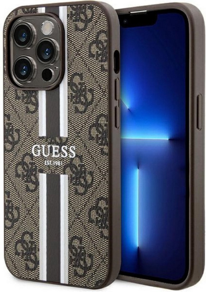 Guess 4G bedruckte, gestreifte Rückseitenhülle (magsafe-kompatibel) – geeignet für Apple iPhone 15 pro max (6,7) – braun