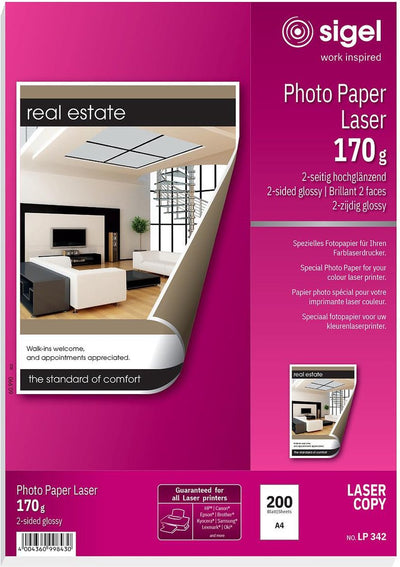 Sigel-Fotopapier – A4 – Hochweißglanz – 170 Gramm – 200 Blatt – Laserdrucker – SI-LP342