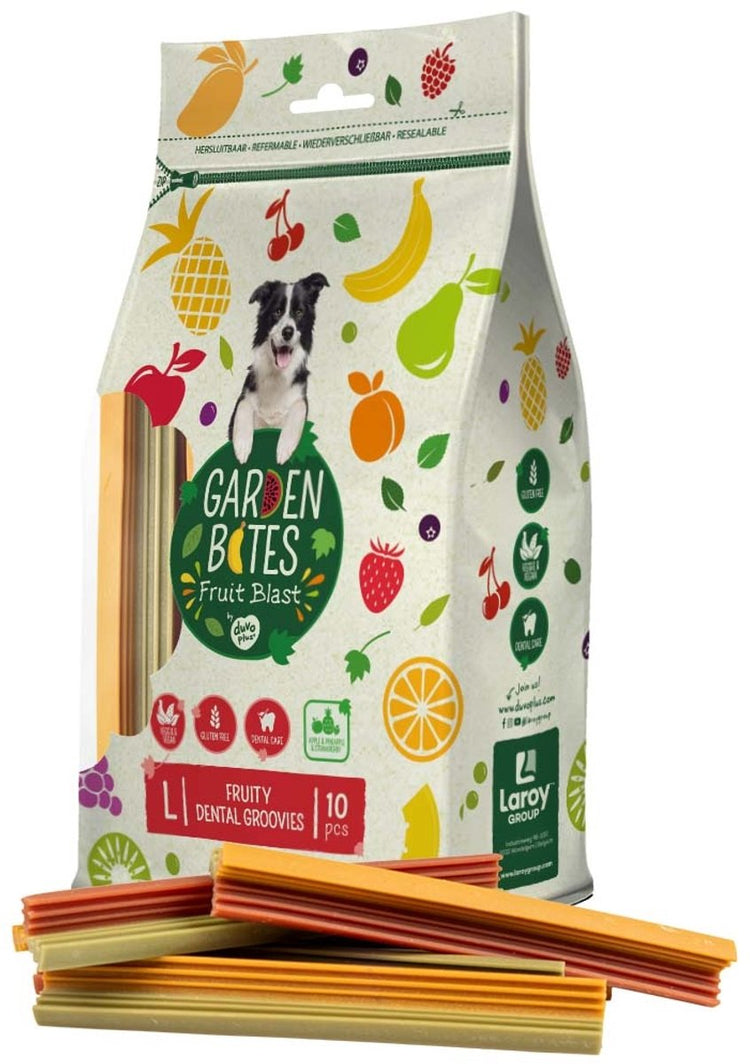 Duvo plus Garden Bites – fruchtige Dental Groovies Hundesnacks – Hundeleckerlis – vegetarisch, glutenfrei – groß 10 Stück