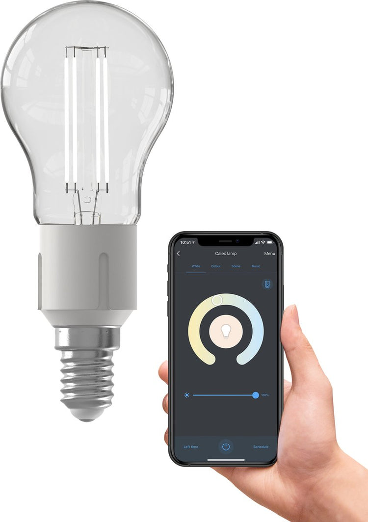Calex Smart-Lampe – WLAN-LED-Filament-Beleuchtung – E14 – intelligente Lichtquelle klar – dimmbar – warmweißes Licht – 4,5 W