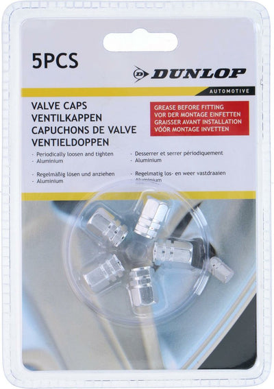 Dunlop Autoreifen-Ventilkappen – 5 Stück – Silber – Aluminium – markante Ventilkappen – Universalgröße