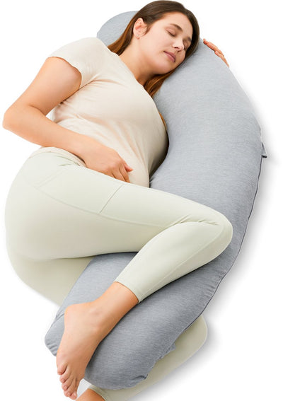 Momcozy Schwangerschaftskissen in J-Form – ergonomisches Stützkissen zum Seitenschlafen – Jerseystoff – hellgrau