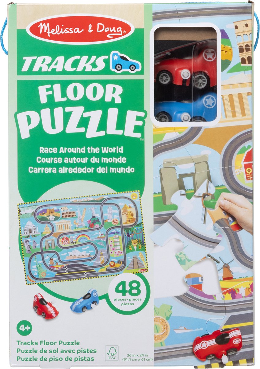 Melissa Doug – Bodenpuzzle – Rennen um die Welt inkl. 2 Autos zum Aufziehen
