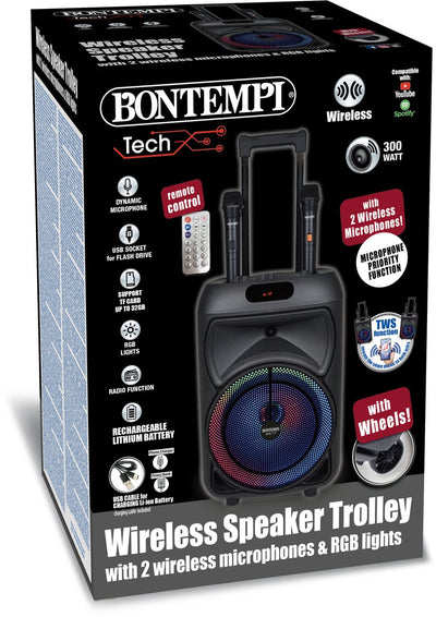 Bontempi Spa Bontempi – kabelloser Trolley-Lautsprecher – mit 2 kabellosen Mikrofonen – Lichteffekte
