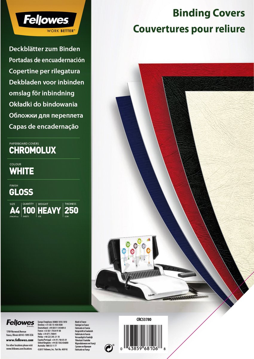 Fellowes Vorsatzpapier Chromolux – weiß – A4 – 250 g – 100 Blatt