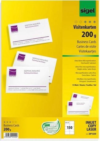 Sigel - Visitenkarten - weiß - 85x55 mm - 200 Gramm - 150 Stück -si-dp839
