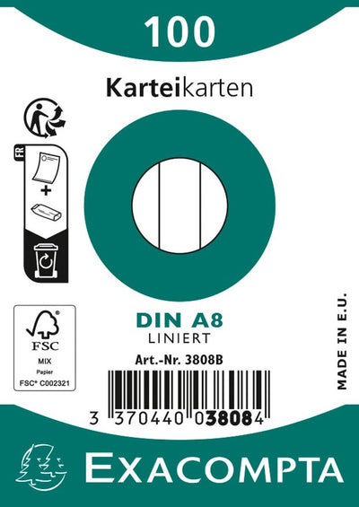 Exacompta 1x Packung mit 100 Karteikarten in Folie – Bristol liniert, nicht perforiert, 55 x 74 mm, weiß