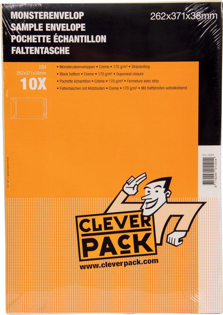 Cleverpack Musterumschläge, ft 262 x 371 x 38 mm, mit Streifenverschluss, creme, VE 10 Stück