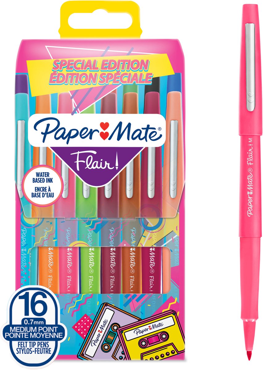 Paper Mate Flair Filzstifte | mittlere Spitze (0,7 mm) | verschiedene Retro-Farben | 16 Stück