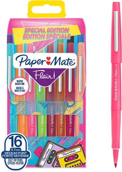 Paper Mate Flair Filzstifte | mittlere Spitze (0,7 mm) | verschiedene Retro-Farben | 16 Stück