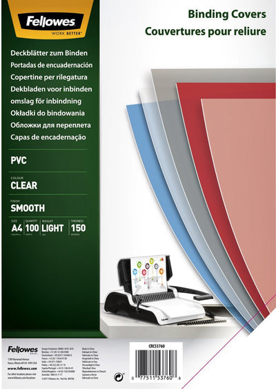 Packung 100 Einbanddeckel transparent 5376001 Fellowes PVC A4