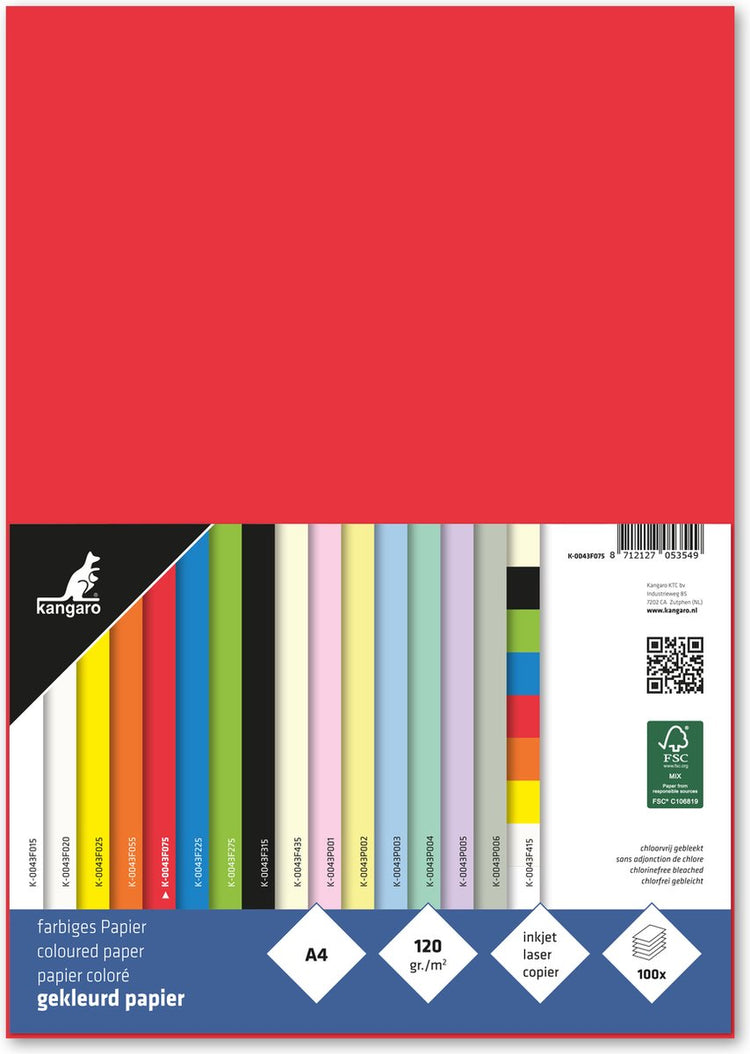 Kängurupapier – A4 – 120 Gramm FSC – Packung mit 100 Blatt – Rot – K-0043F075
