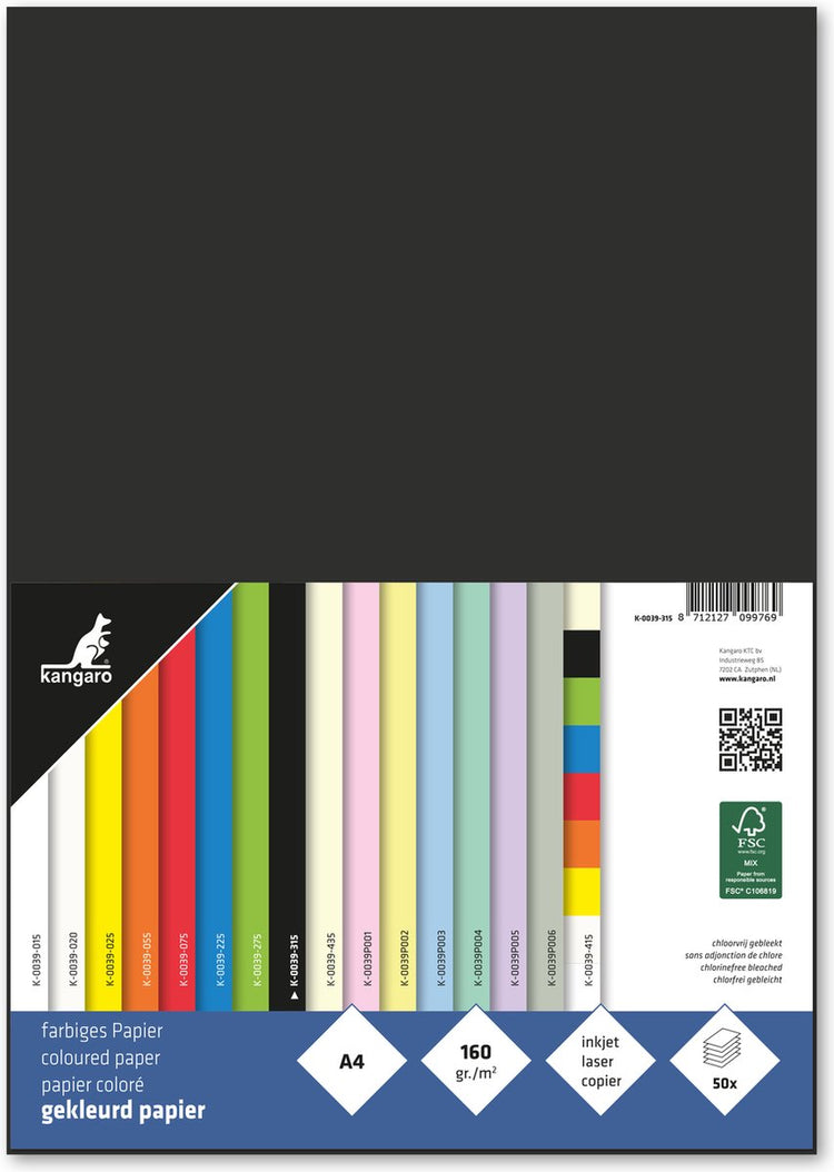 Kängurupapier – A4 – 160 Gramm FSC – Packung mit 50 Blatt – Schwarz – K-0039-315