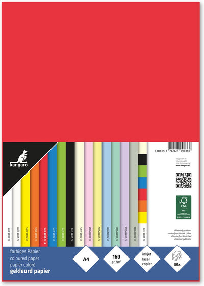 Kängurupapier – A4 – 160 Gramm FSC – Packung mit 50 Blatt – Rot – K-0039-075
