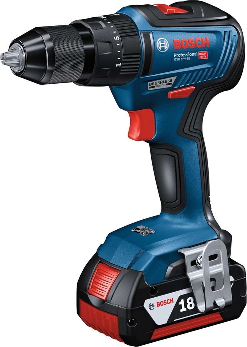Bosch Professional GSB 18V-55 Akku-Bohrschrauber – mit 2x 18V Akkus und Ladegerät