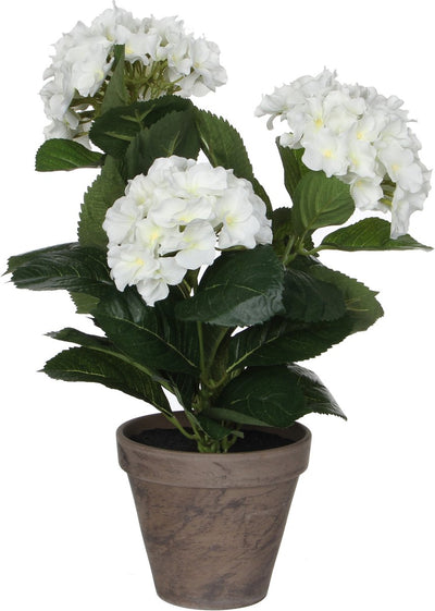 Glimmerdekorationen – künstliche Hortensienpflanze im Blumentopf – H40 x ø35 cm – weiß