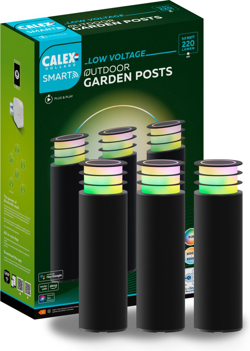 Calex intelligente 24-V-Gartenbeleuchtung für den Außenbereich – Set mit 3 intelligenten Bodenstrahlern – Sockellampe mit RGB und warmweißem Licht – Schwarz