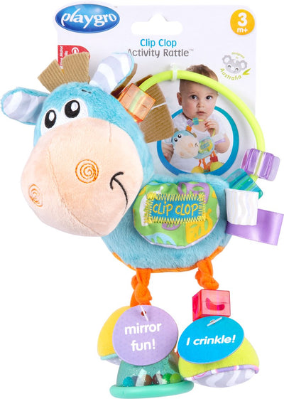 Playgro Clip Clop Rassel – Blau – Aktivitätsspielzeug – Rassel – Mutterschaftsgeschenk – Babyspielzeug – Babyspielzeug – Kinderwagenzubehör – Stofftier – Babyrassel – Beißspielzeug – Greifling – Baby