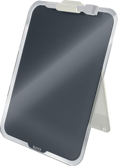 Leitz gemütliche beschreibbare Glastafel für den Schreibtisch – Klemmbrett im A4-Format – Glas-Memoboard inklusive Stifthalter und Mini-Marker mit Radiergummi – Samtgrau