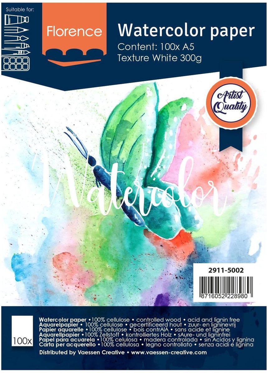 Florence Vaessen Aquarellpapier – intensives Weiß – A5 – 300 Gramm – leichte Struktur – Textur – Florenz – 100 Blatt