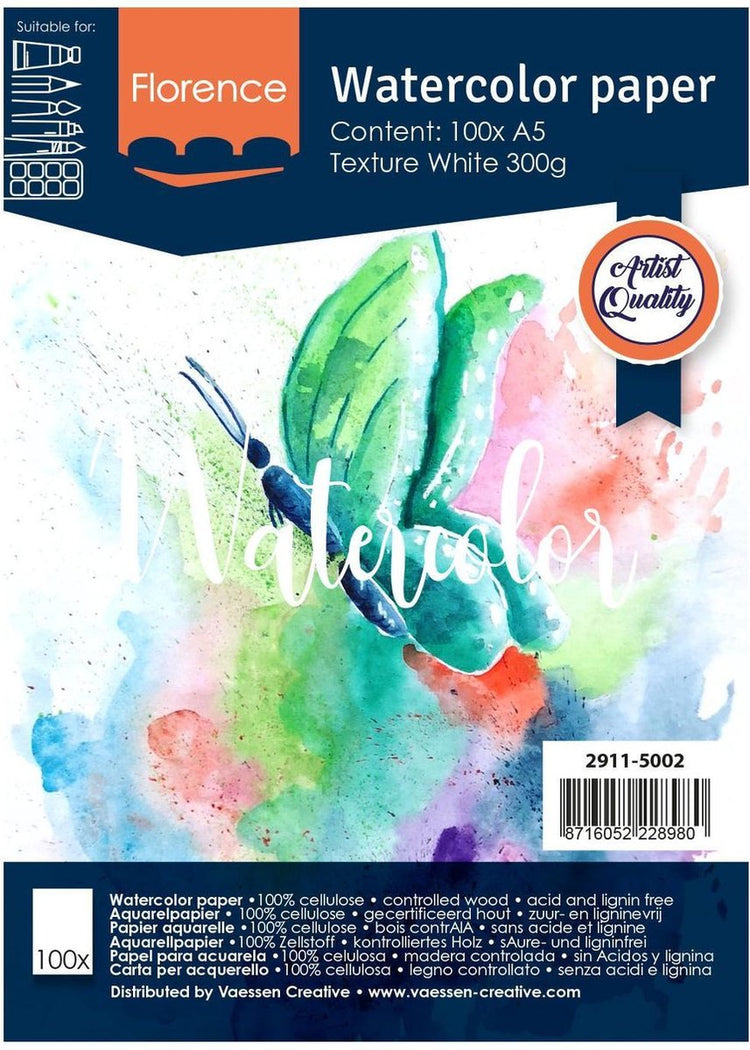 Florence Vaessen Aquarellpapier – intensives Weiß – A5 – 300 Gramm – leichte Struktur – Textur – Florenz – 100 Blatt