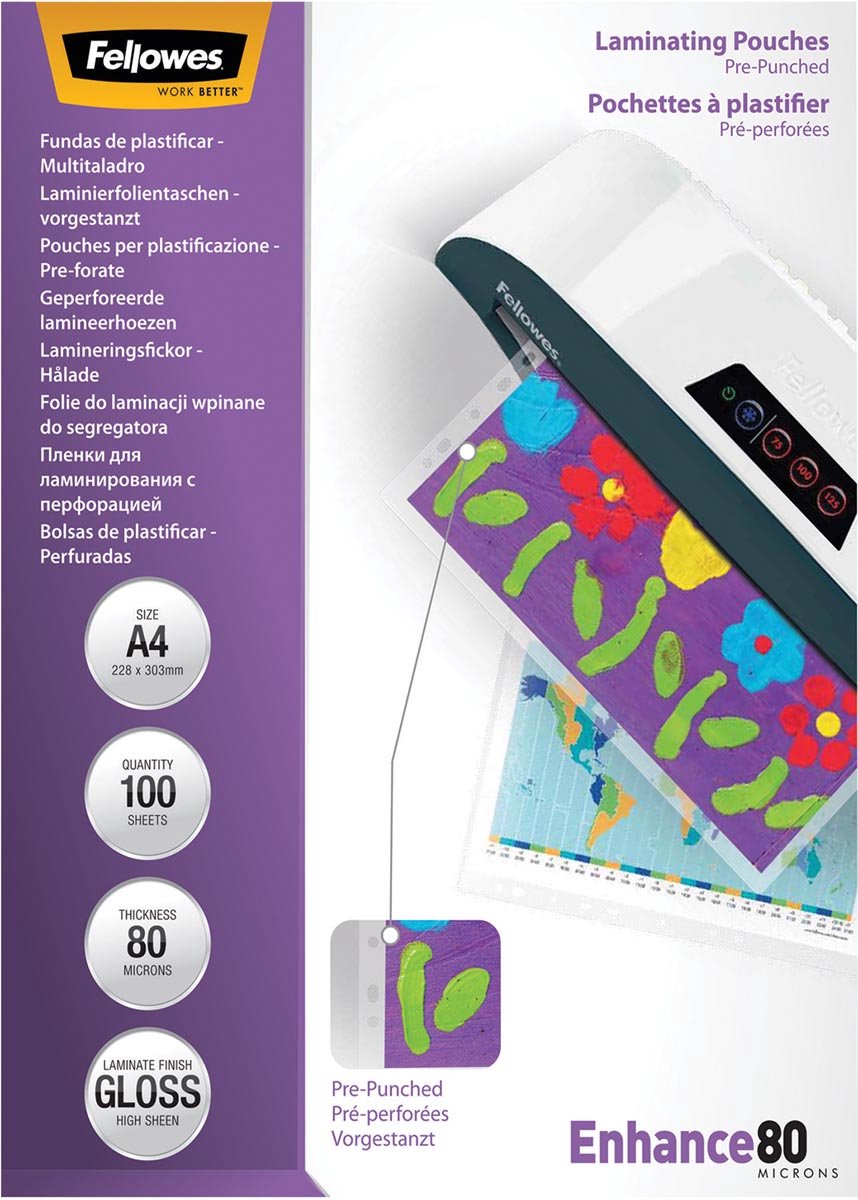 Fellowes Laminierfolien A4 – glänzend – perforiert – 80 Mikron – 100 Stück