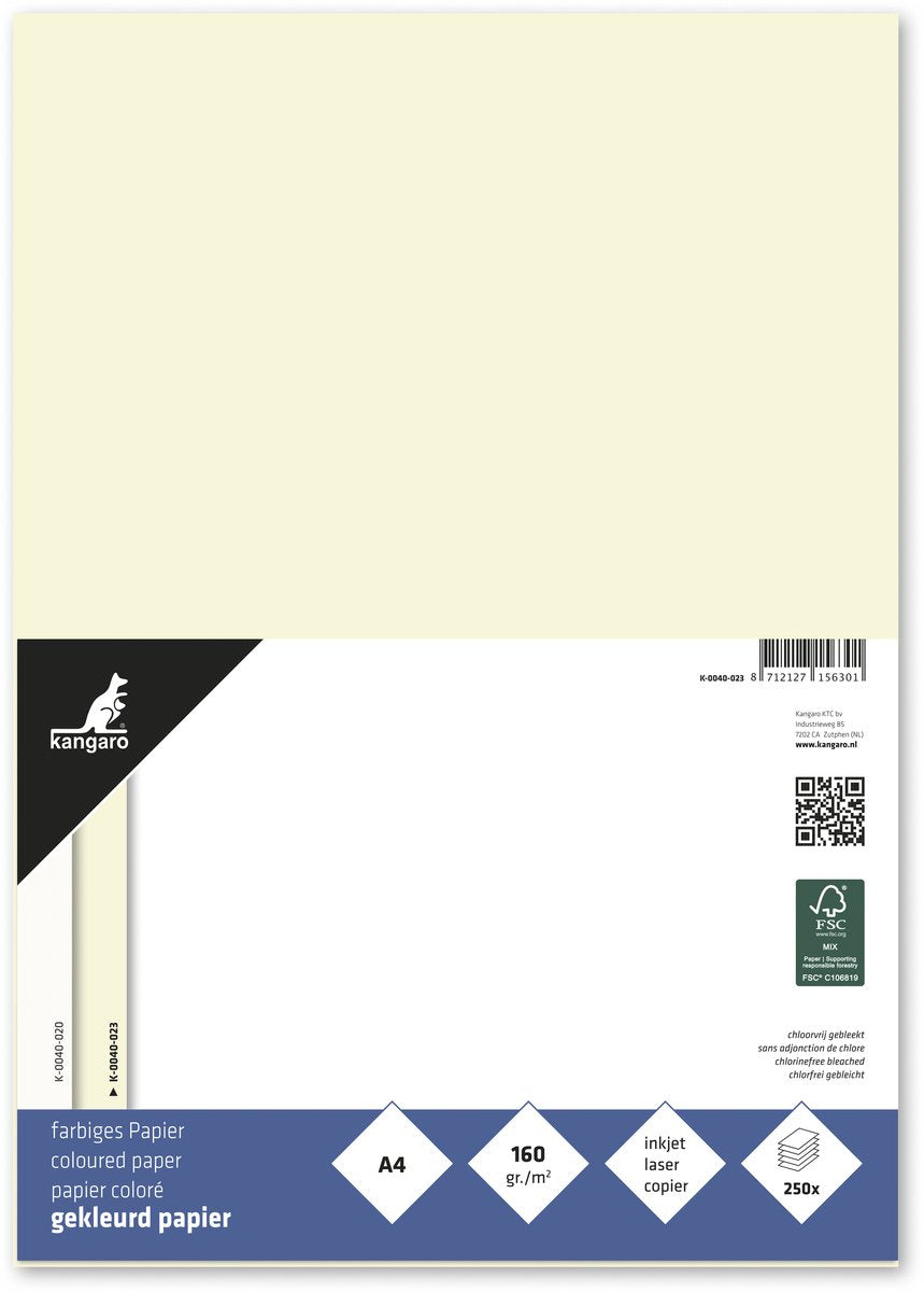 Farbiges Sans-Marque-Kangaro-Papier ohne Marke – Größe A4 – 160 Gramm – Elfenbeinweiß – Packung mit 250 Blatt – K-0040-023