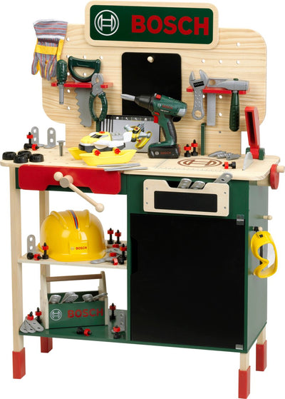 Klein Toys Bosch Mini-Spielzeugwerkbank – Holz (MDF) – 100-teiliges Zubehörset – inkl. Licht- und Soundeffekte - mehrfarbig