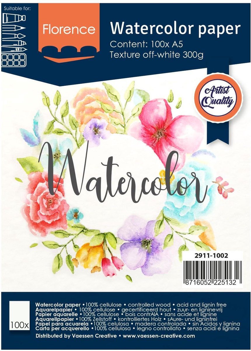 Florence Vaessen Aquarellpapier – gebrochenes Weiß – A5 – 300 Gramm – leichte Struktur – Textur – Florenz – 100 Blatt