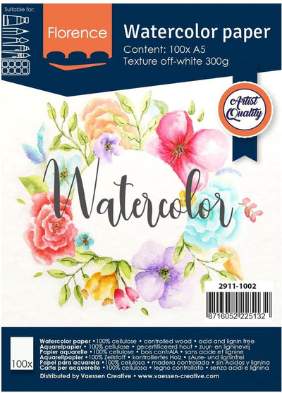 Florence Vaessen Aquarellpapier – gebrochenes Weiß – A5 – 300 Gramm – leichte Struktur – Textur – Florenz – 100 Blatt