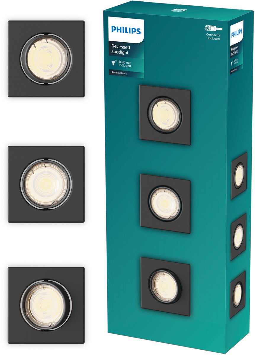Philips LED Philips Peridot Einbaustrahler – GU10-Fassung – Schwarz – quadratisch – Richtstrahler – 3er-Pack