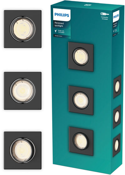 Philips LED Philips Peridot Einbaustrahler – GU10-Fassung – Schwarz – quadratisch – Richtstrahler – 3er-Pack