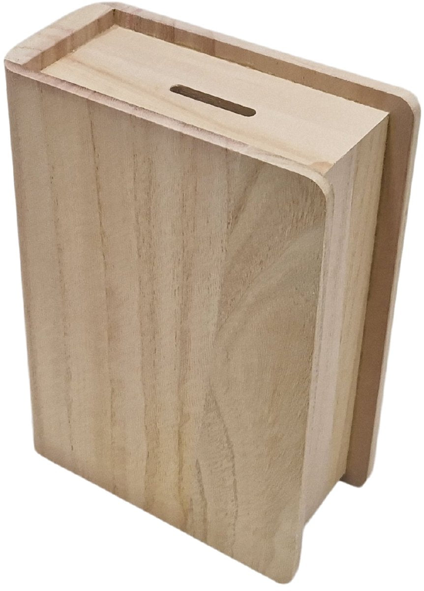 Playwood Sparschwein aus Holz in Buchform, Paulownia