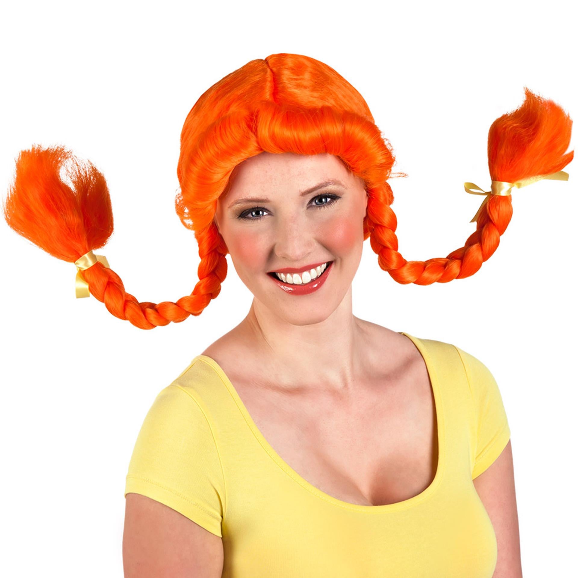 Boland Perücke mit orangefarbenen Zöpfen und Schleife