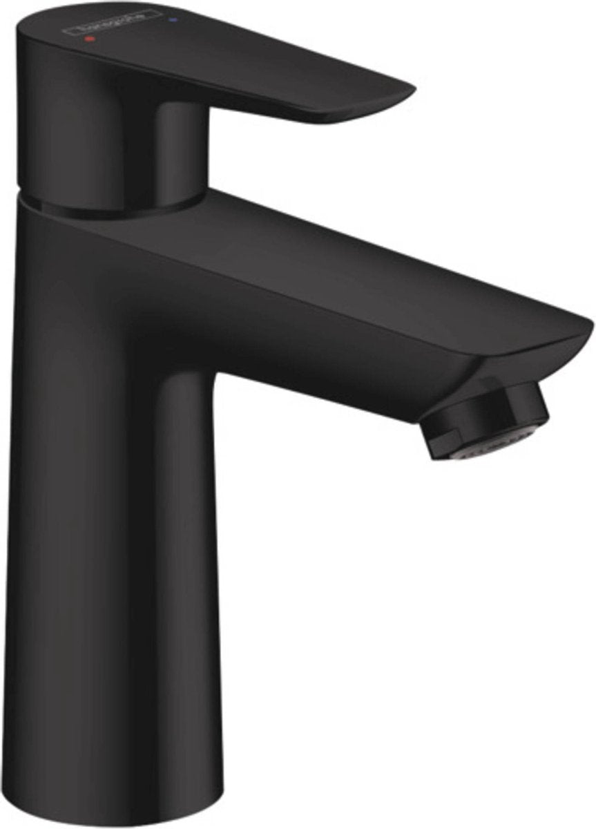 Hansgrohe talis e – Waschtischarmatur – Einhebelbedienung – Kaltstart energiesparend – mit Ablaufgarnitur – 110 mm Größe – mattschwarz