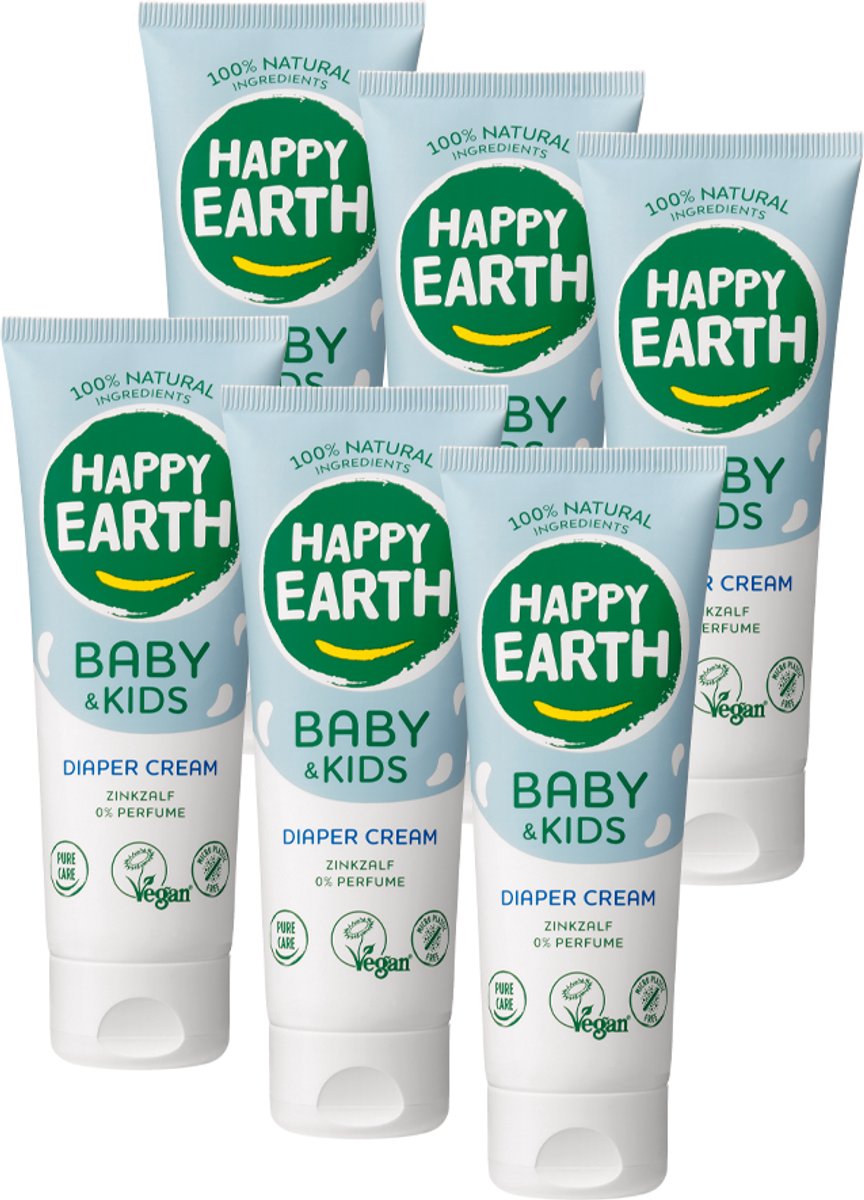 Happy Earth Bundle Zink-Po-Creme Baby Kids – 100 % natürlich – frei von Mikroplastik – Babypflege – parfümfrei – mit Zinkoxid – Windelsalbe – geeignet für Neugeborene – 6 x 75 ml – Vorteilspack