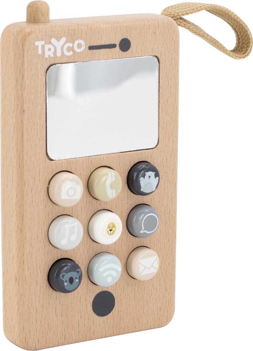 Tryco Holztelefon – Spielzeugtelefon aus Holz – Druckknöpfe, Spiegel und Schnur – regt motorische Fähigkeiten und fantasievolles Spielen an – ab 12 Monaten