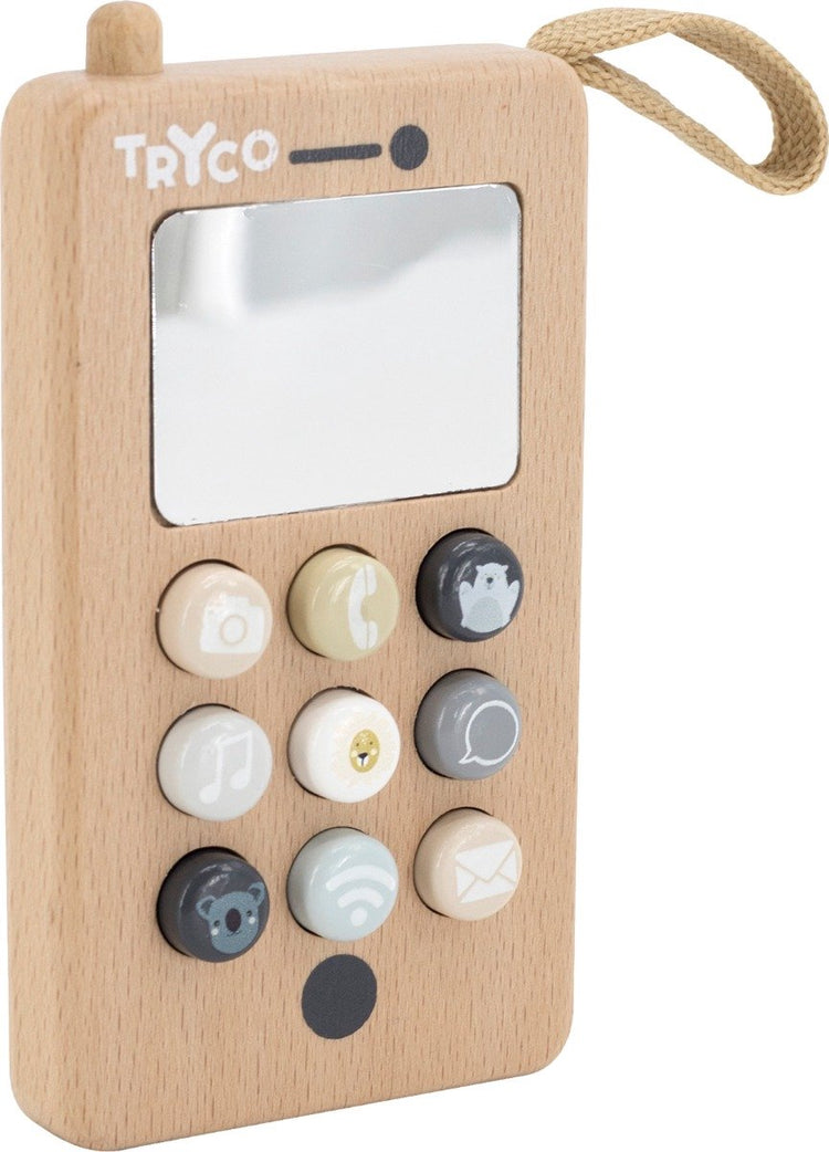Tryco Holztelefon – Spielzeugtelefon aus Holz – Druckknöpfe, Spiegel und Schnur – regt motorische Fähigkeiten und fantasievolles Spielen an – ab 12 Monaten
