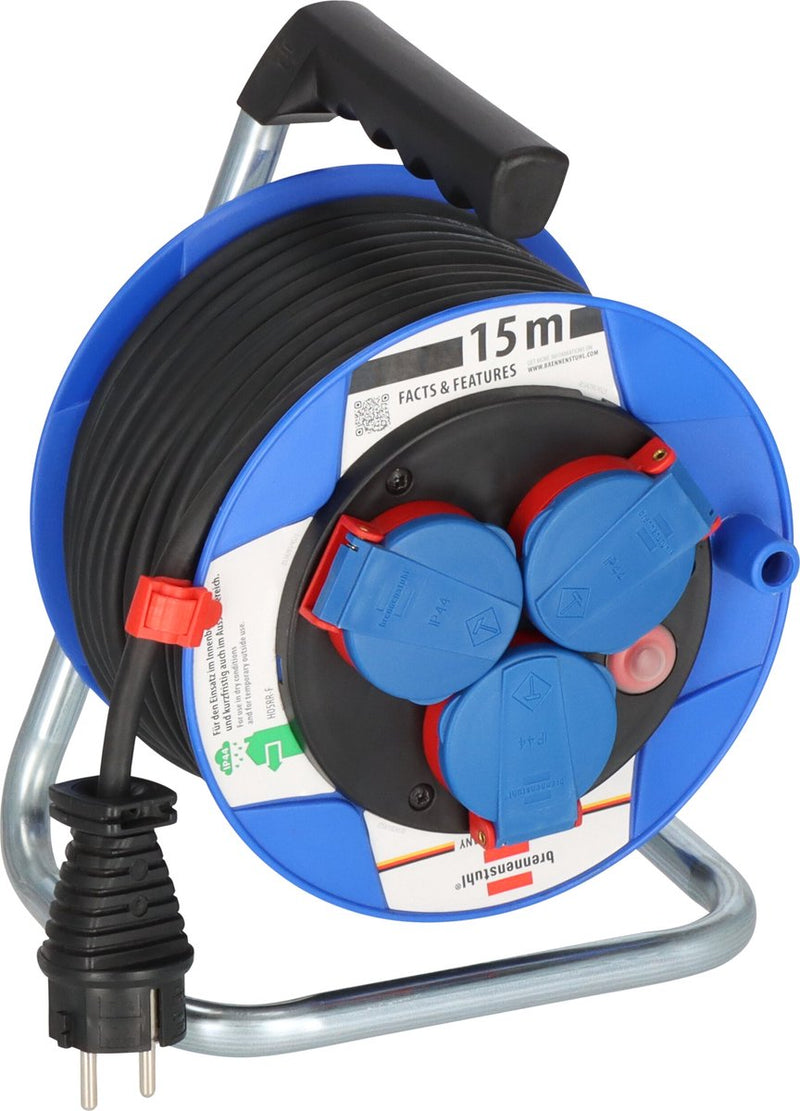 Brennerstuhl garant kompakt IP44 Kabeltrommel (15m, aus Spezialkunststoff, für den kurzfristigen Außeneinsatz, Made in Germany) blau