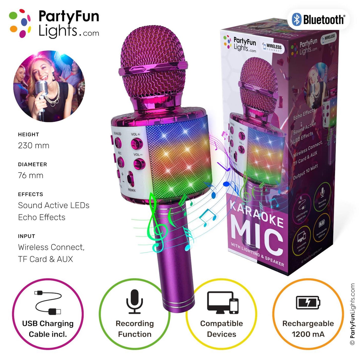 Partyfun Lights Karaoke-Mikrofon-Partylautsprecher rosa