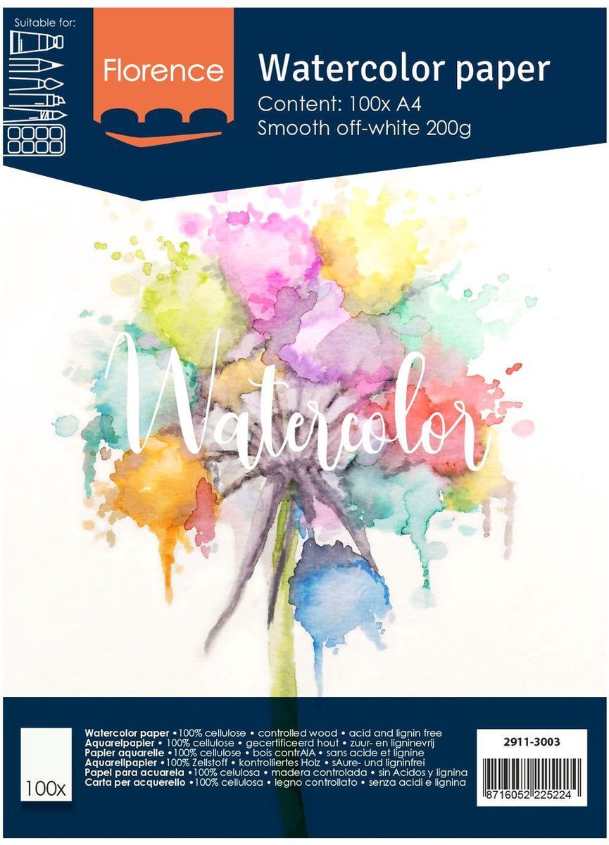 Florence Vaessen Aquarellpapier – gebrochenes Weiß – A4 – 200 Gramm – glatte Struktur – glatt – Florenz – 100 Blatt