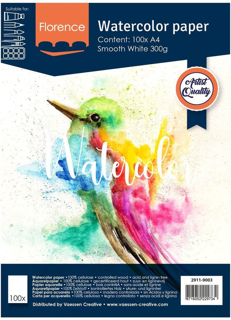 Florence Vaessen Aquarellpapier – intensives Weiß – A4 – 300 Gramm – glatte Struktur – glatt – Florenz – 100 Blatt