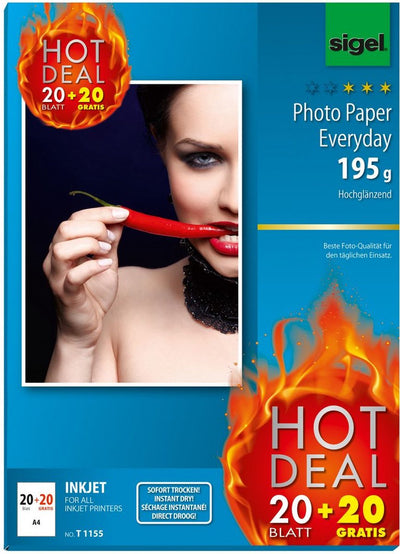 Sigel Inkjet-Fotopapier – Everyday Plus – A4 – Hochglanz – 195 Gramm – 20 Blatt + 20 Blatt gratis – SI-T1155