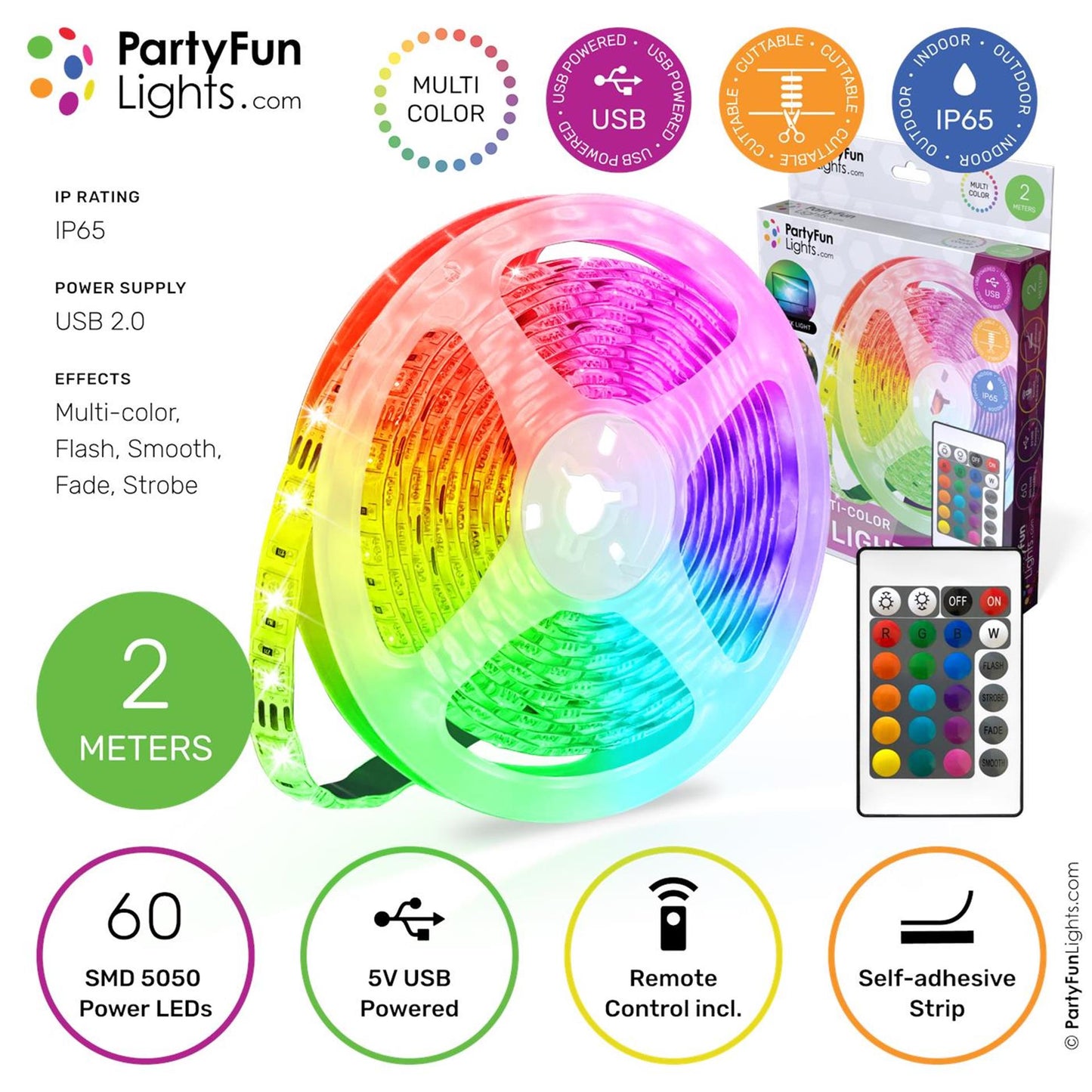 Partyfun Lights LED-Streifen USB 2 Meter IP65