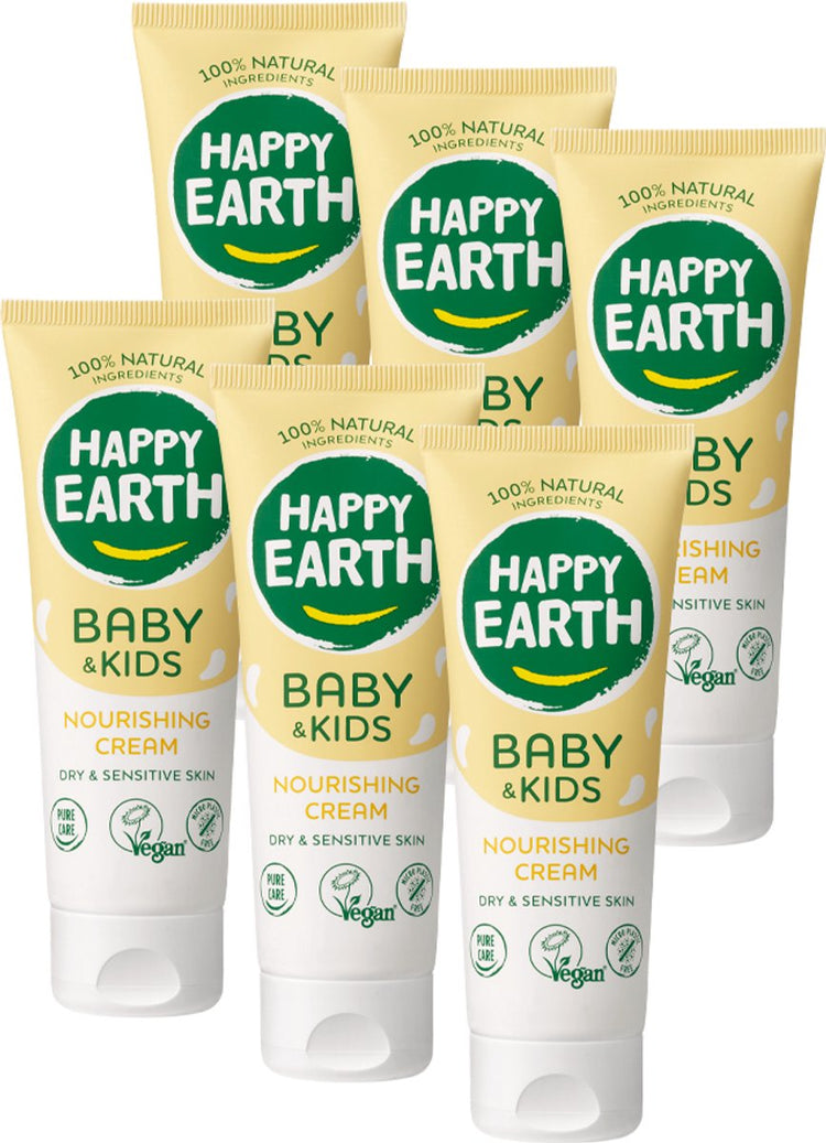 Happy Earth Bundle Nährcreme Baby Kids – 100 % natürlich – frei von Mikroplastik – 0 % SLS SLES – Babypflege – geeignet für Neugeborene und trockene Babyhaut – 6 x 75 ml – Vorteilspackung