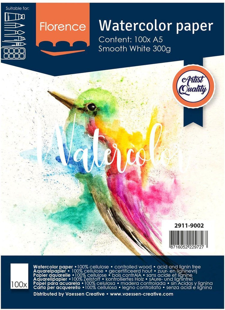 Florence Vaessen Aquarellpapier – intensives Weiß – A5 – 300 Gramm – glatte Struktur – glatt – Florenz – 100 Blatt
