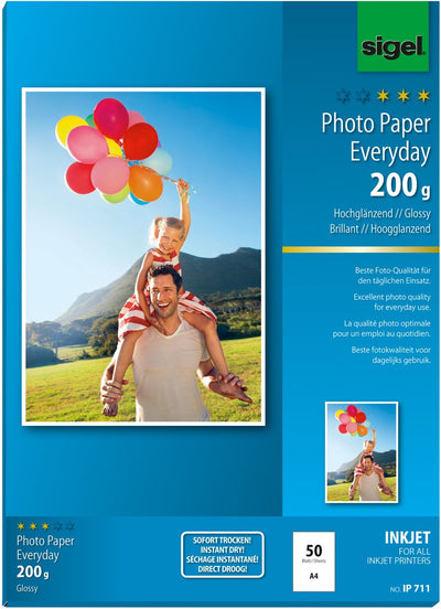 Sigel Inkjet-Fotopapier – Everyday Plus – A4 – Hochglanz – 200 Gramm – 50 Blatt – SI-IP711