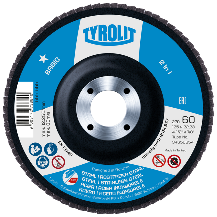 Tyrolit Fächerschleifscheibe 125mm ZA40 mit Basic 2in1 Stk. Edelstahl | 100 Stk