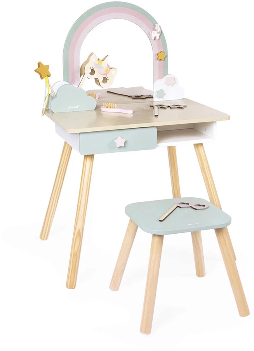Janod - Einhorn - Friseurtisch aus Holz mit Zubehör
